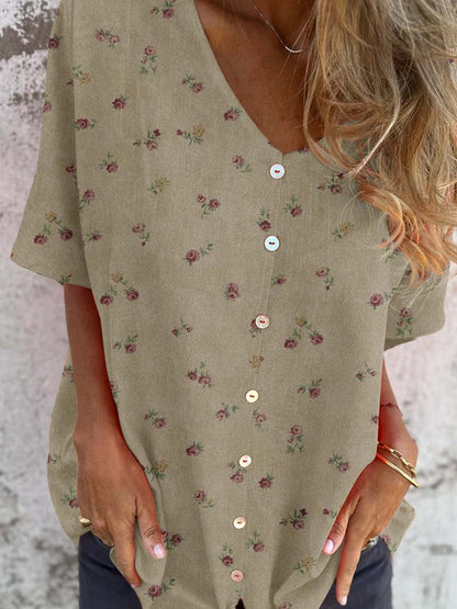 Women's Elegant Retro Floral Pattern Round Shirt Style Cotton and Linen Top