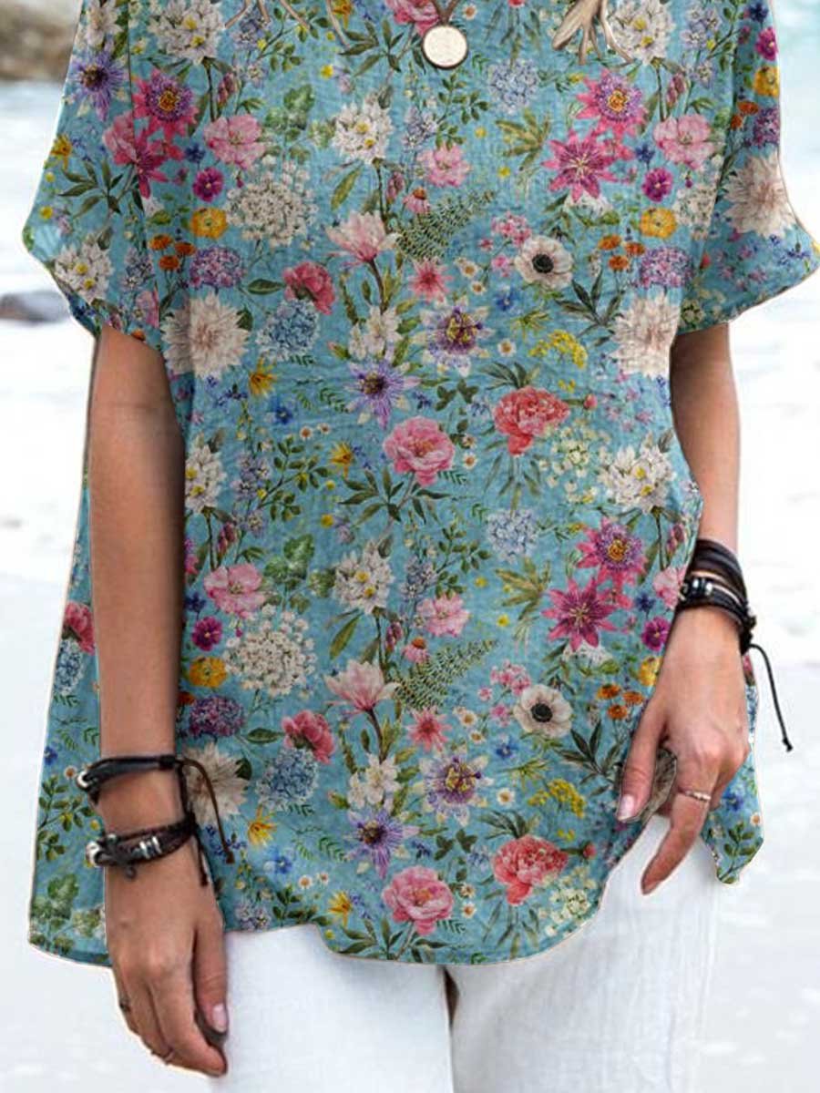 Women's Elegant Retro Floral Pattern Round Neck Cotton and Linen Top