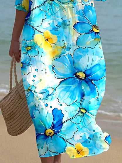 Women's Floral Alcohol Ink Art Printed Casual Holiday Dress