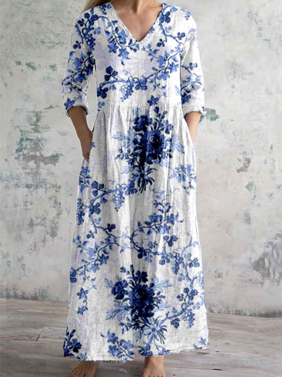 Women's Elegant Ink Painting Floral Pattern Cotton and Linen Dress with Pockets