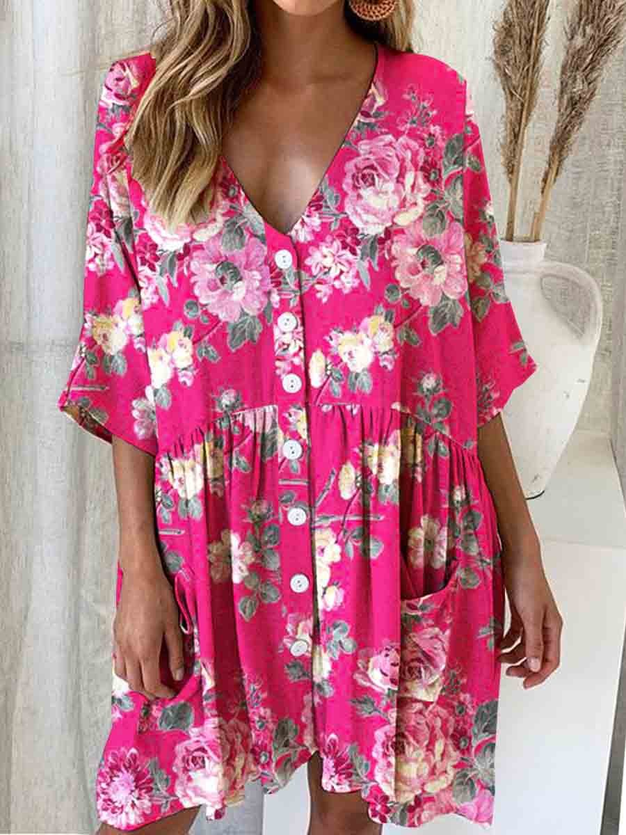 Women's Elegant Rose Floral Print Cotton and Linen Dress