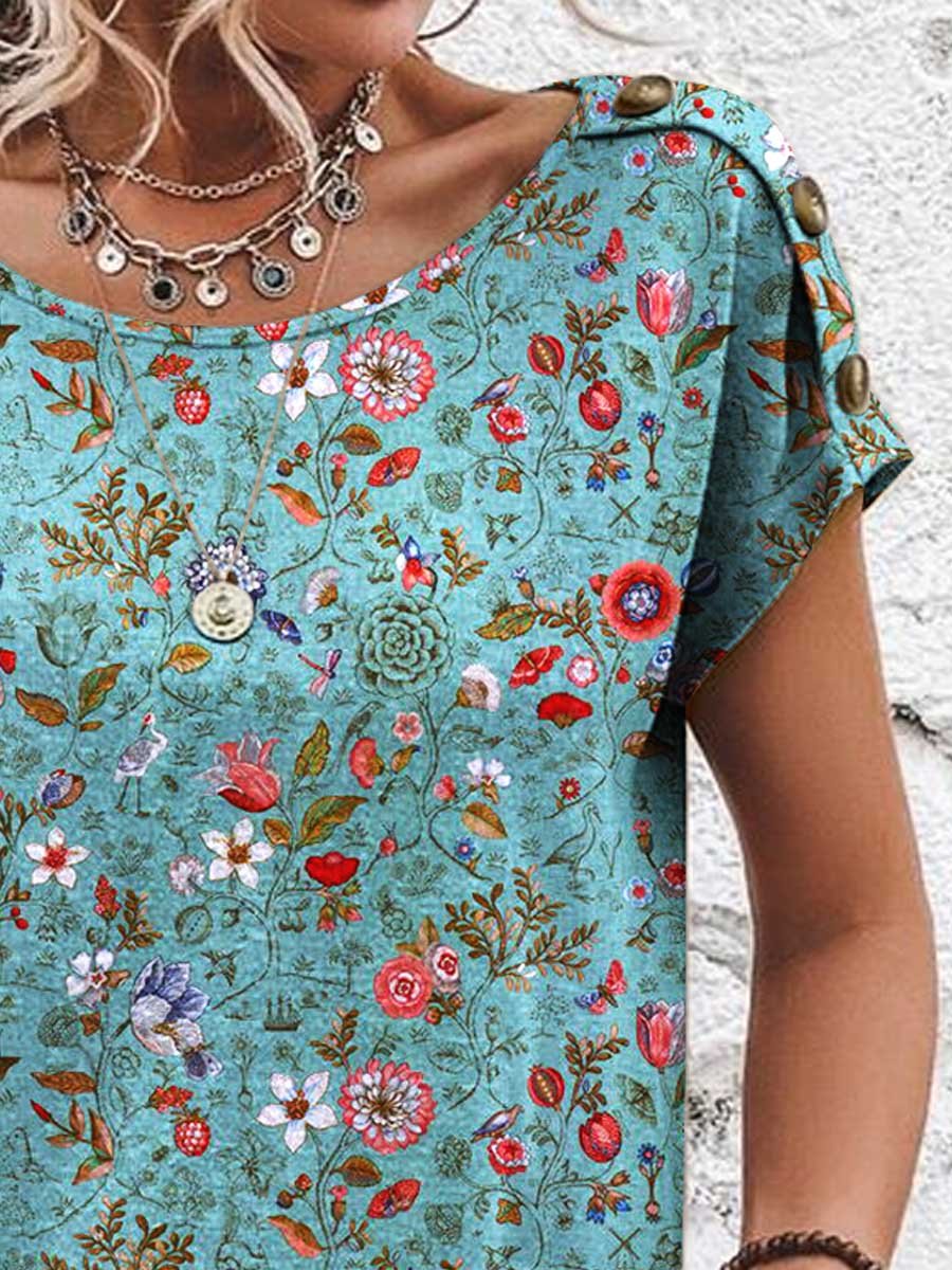 Women's Floral Pattern Print Decorative Button Round Neck Short Sleeve Cotton T-shirt Top