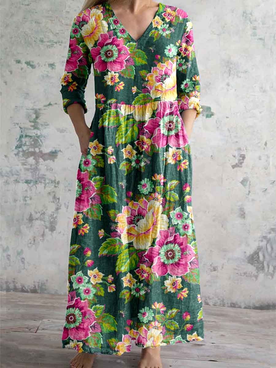 Women's Vintage Elegant Floral Pattern Cotton and Linen Dress with Pockets