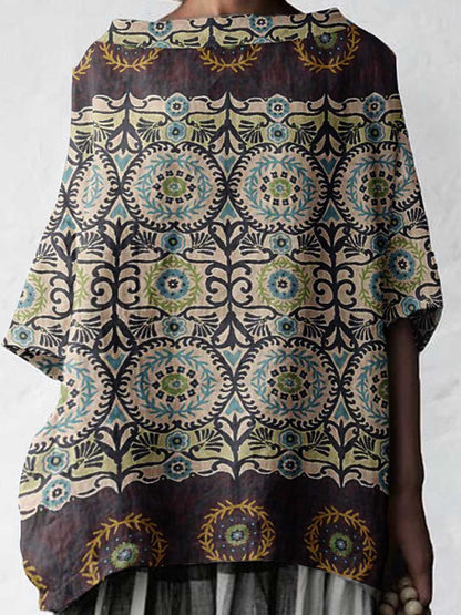 Women's Ethnic Geometric Pattern Cotton And LinenTops