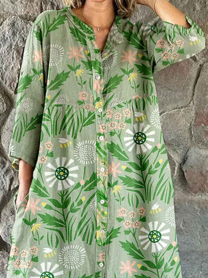 Women's Elegant Simple Floral Pattern Shirt Style Cotton and Linen Dress