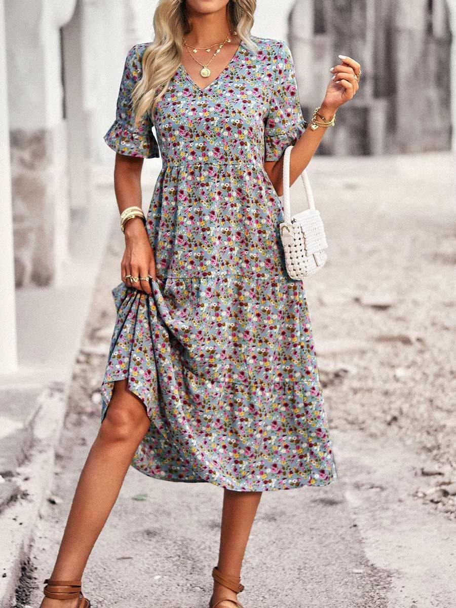 Women's Printed V Neck Short Sleeve Dress