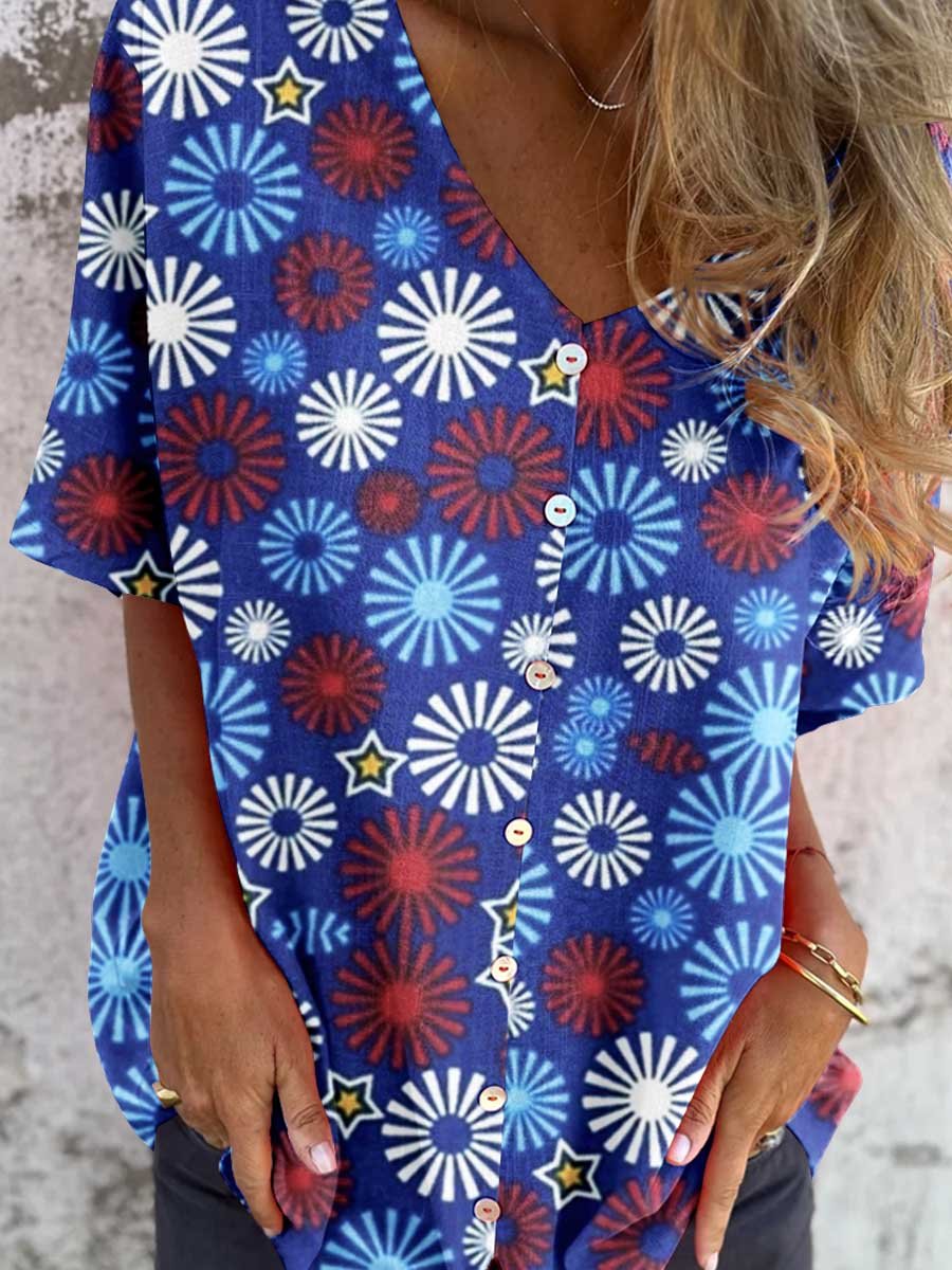 Women's Independence Day Color Floral Pattern Shirt Style Cotton and Linen Top