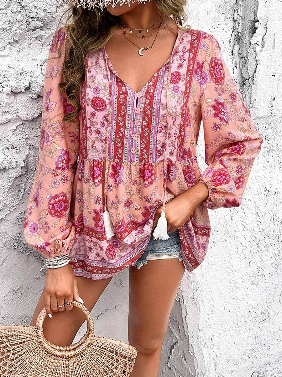 Women's Casual Printed V-Neck Long Sleeve Shirt