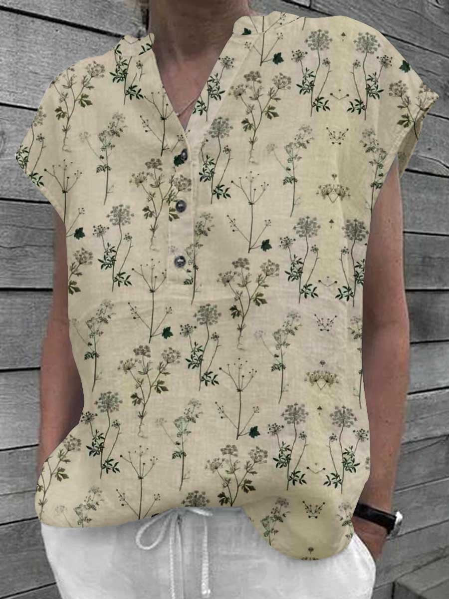 Women's Classic Elegant Floral Pattern Cotton and Linen Top