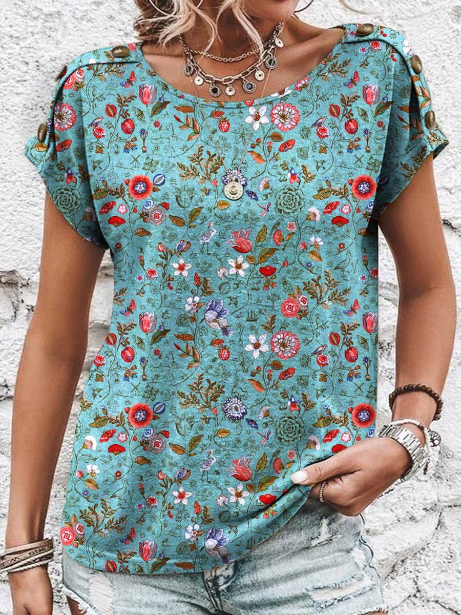 Women's Floral Pattern Print Decorative Button Round Neck Short Sleeve Cotton T-shirt Top