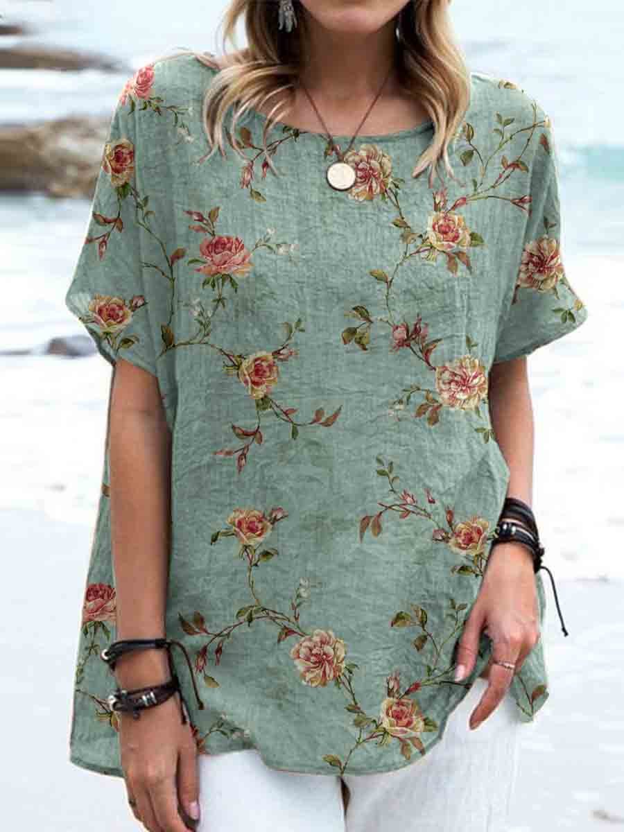 Women's Elegant Vintage Rose Floral Print Linen Top