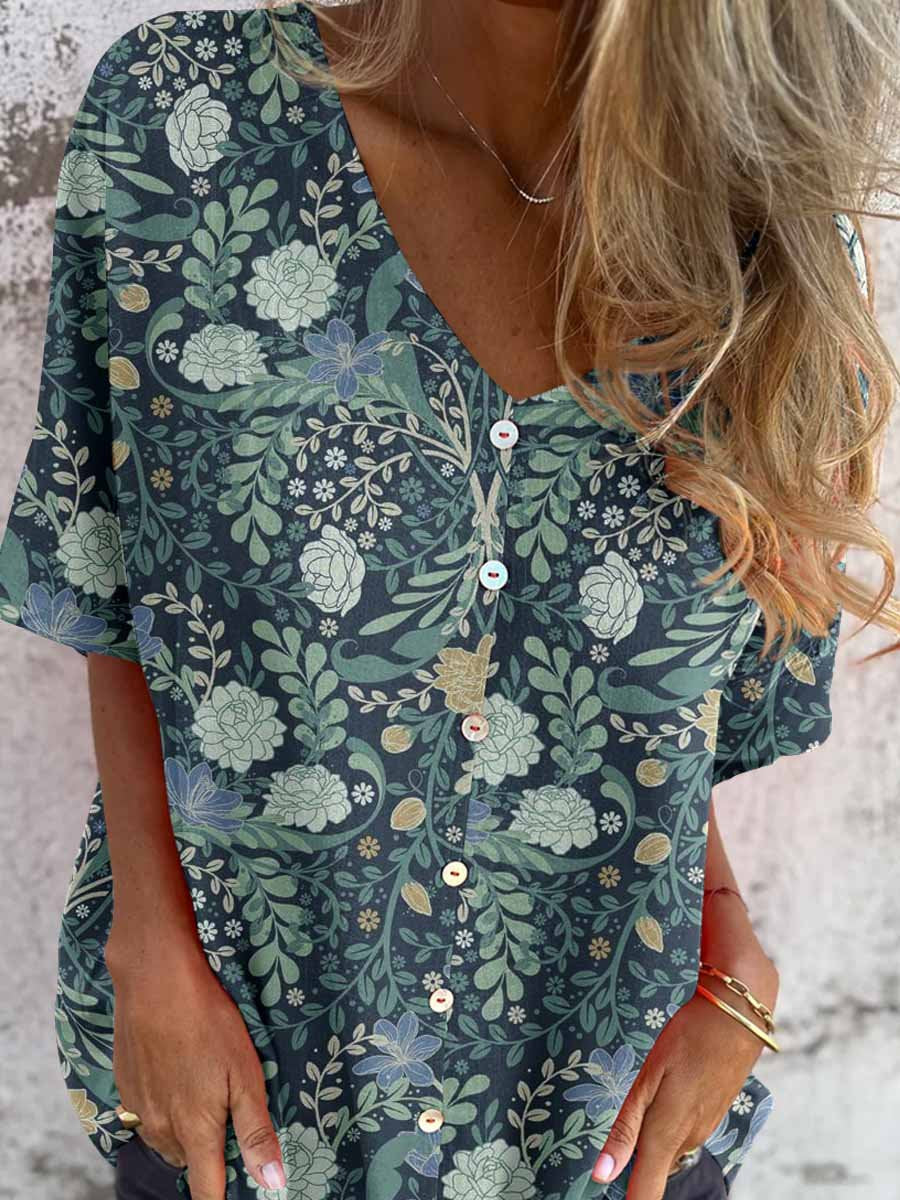 Women's Elegant Floral Pattern Shirt Style Cotton and Linen Top