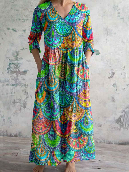 Women's V-neck Colorful Mandala Pattern Cotton And Llinen Dress