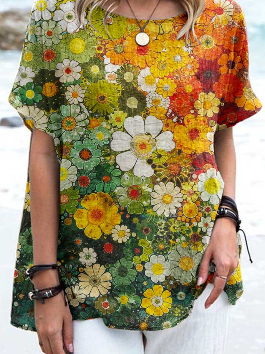 Women's Elegant Floral Pattern Round Neck Cotton and Linen Top