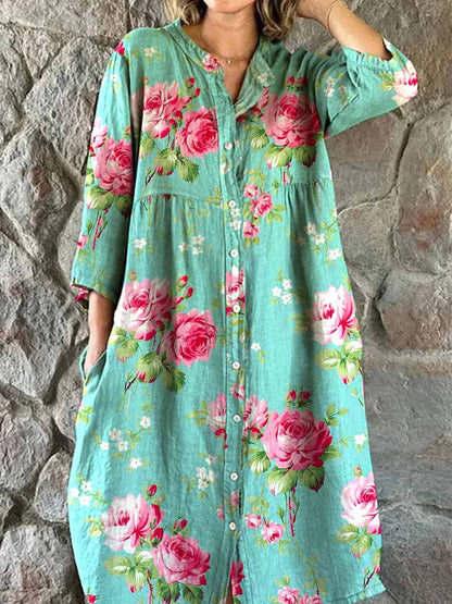 Women's Rose Floral Pattern Shirt Style Cotton and Linen Dress