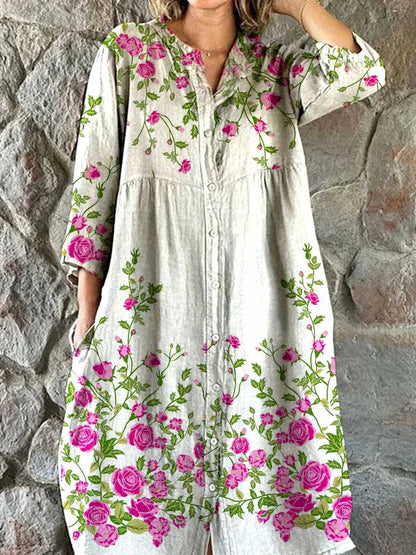 Women's Floral Art Print Cotton and Linen Shirt Dress