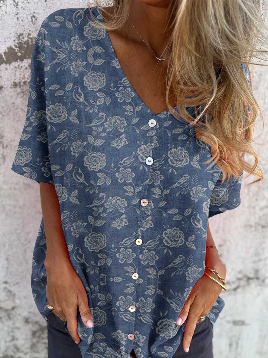 Women's Elegant Floral Pattern V-Neck Shirt Style Cotton and Linen Top