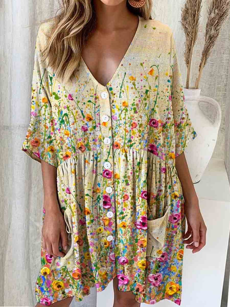 Women's Art Oil Painting Floral Print Cotton And Linen Dress