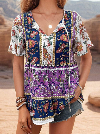 Women's Printed Lotus Sleeve Tie Shirt