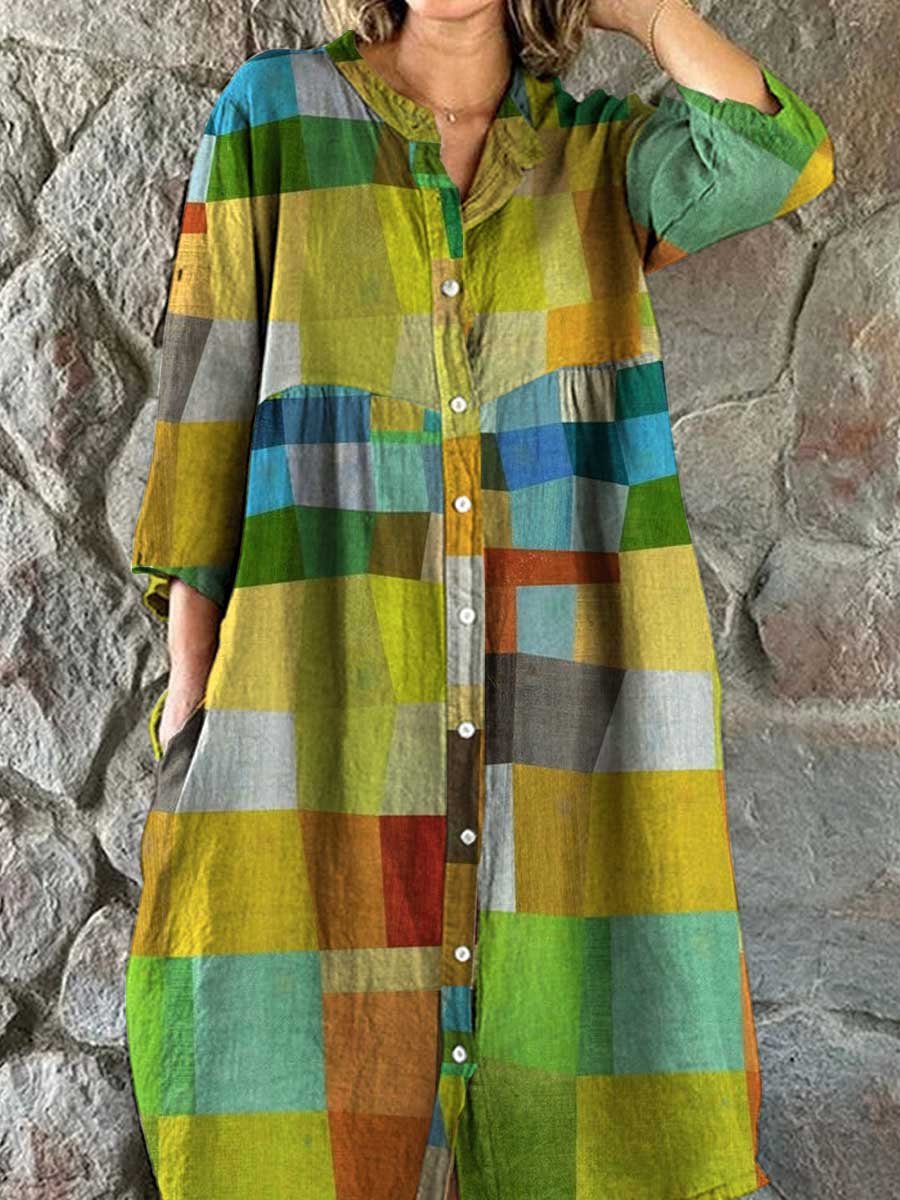 Women's Rainbow Geometric Square Print Cotton and Linen Shirt Dress