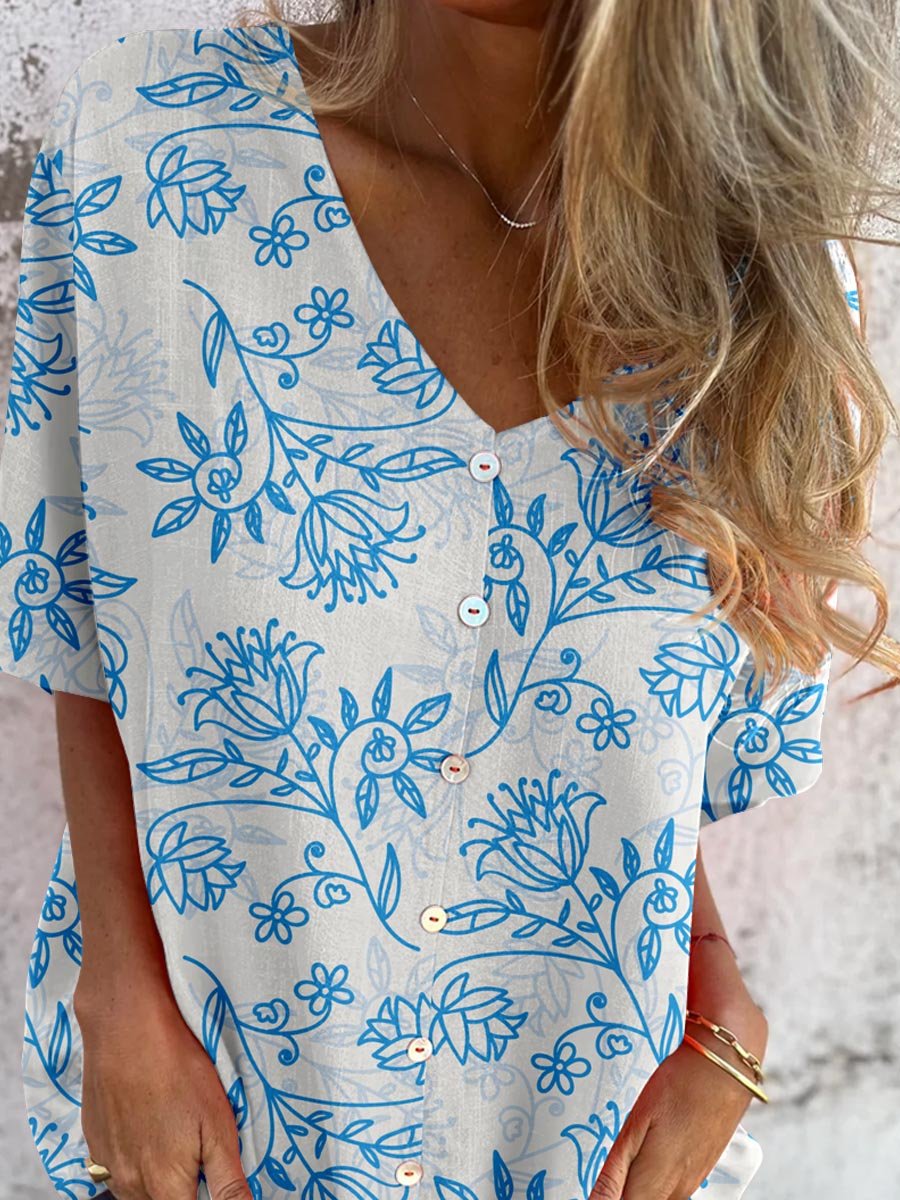 Women's Summer Resort Style Rose Flower Pattern Shirt-style Cotton and Linen Top