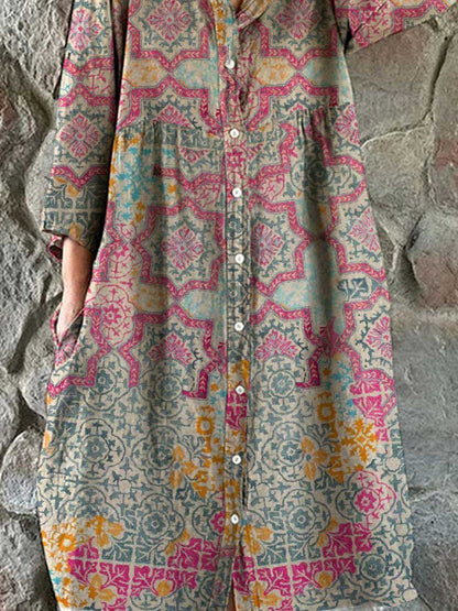 Women's Colorful Retro Elegant Bohemian Geometric Pattern Cotton and Linen Shirt Dress