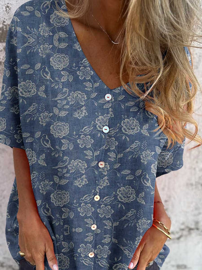 Women's Elegant Floral Pattern V-Neck Shirt Style Cotton and Linen Top