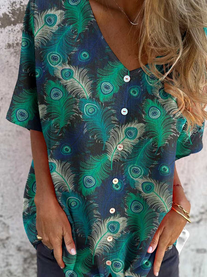 Women's Peacock Feather Pattern Printed V-neck Shirt Style Cotton and Linen top