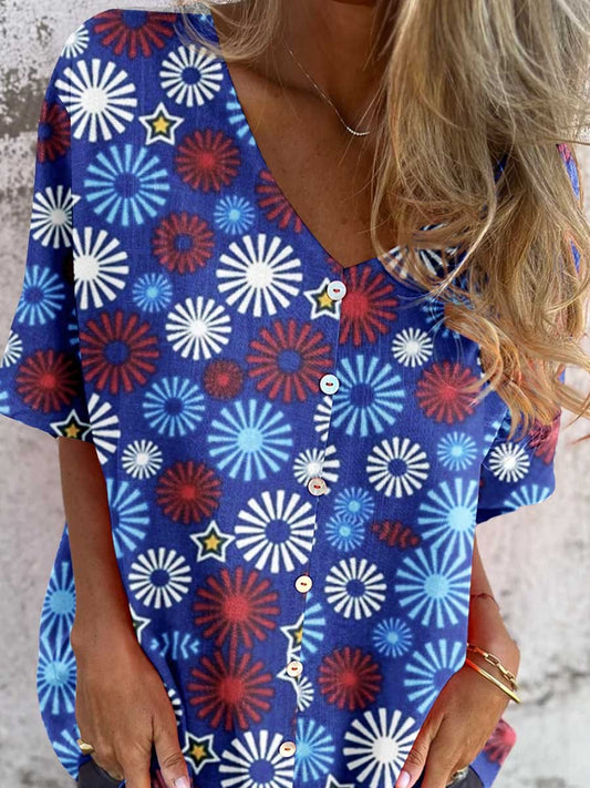 Women's Independence Day Color Floral Pattern Shirt Style Cotton and Linen Top