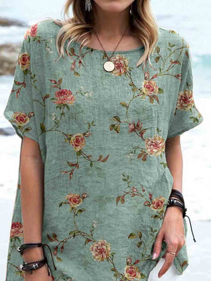 Women's Elegant Vintage Rose Floral Print Linen Top