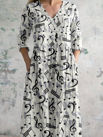 Women's Elegant Art Note Pattern Cotton and Linen Dress with Pockets