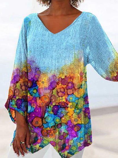 Women's Watercolor Abstract Poppy V-Neck Top