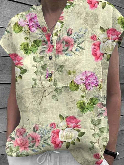 Women's Floral Art Casual Cotton Shirt Tops