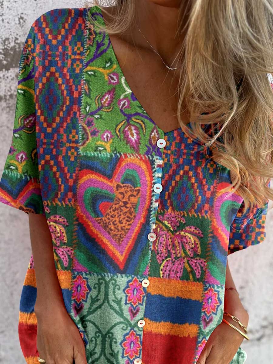 Women's Retro Ethnic Style Patchwork Printed Pattern V-neck Shirt Style Cotton and Linen Top