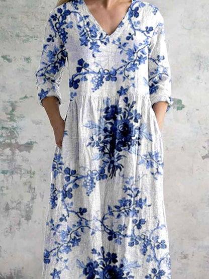 Women's Elegant Ink Painting Floral Pattern Cotton and Linen Dress with Pockets