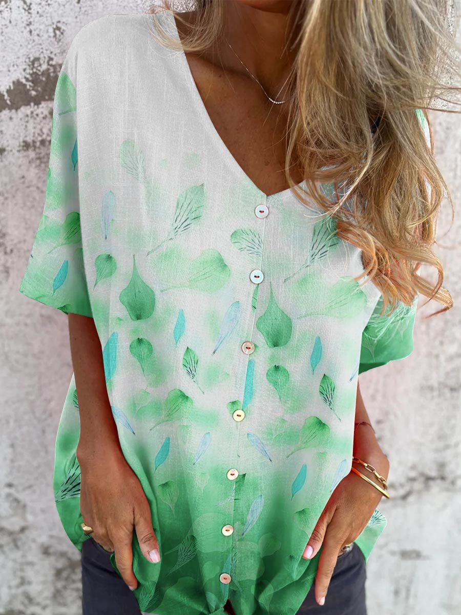 Women's Elegant Ombre Floral Pattern Shirt Cotton and Linen Top