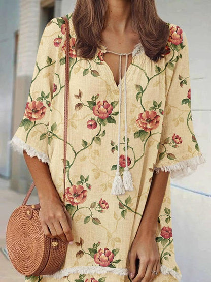 Women's Elegant Rose Floral Print V-Neck Strappy Raw Edge Cotton And Linen Dress