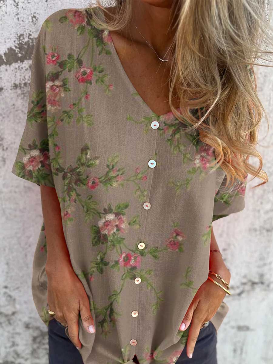 Women's Elegant Floral Shirt Style Cotton and Linen Top