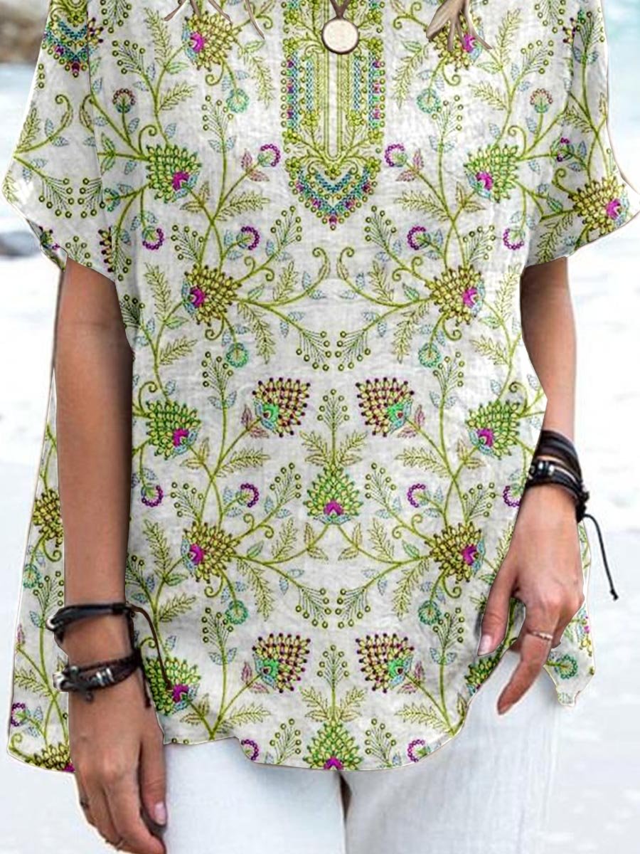 Women's Elegant Boho Geometric Pattern Cotton and Linen Top