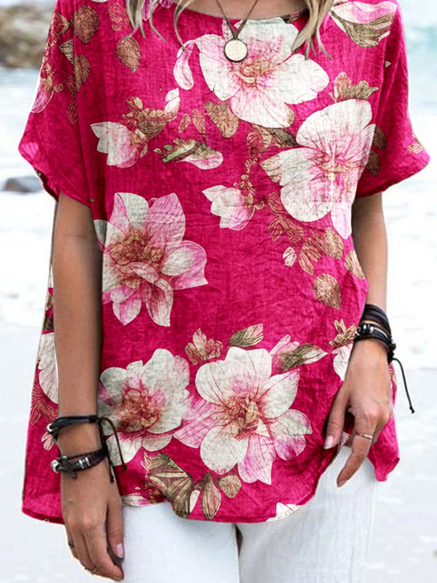 Women's Elegant Peach Blossom Pattern Cotton and Linen Top