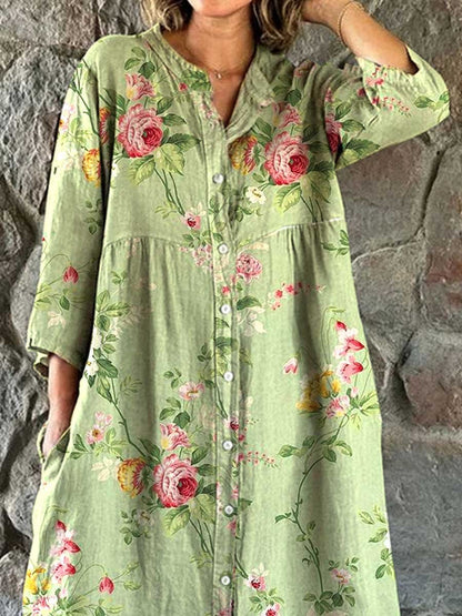 Women's Rose Floral Pattern Cotton and Linen Shirt Dress