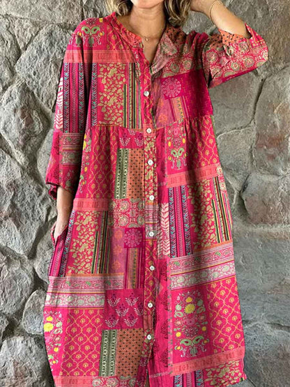 Women's Bohemian Ethnic Geometric Print Cotton And Linen Dress