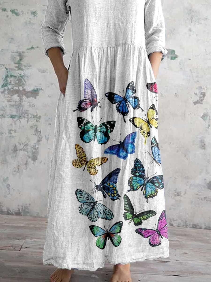 Women's Summer Butterfly Pattern Cotton And Linen Dress