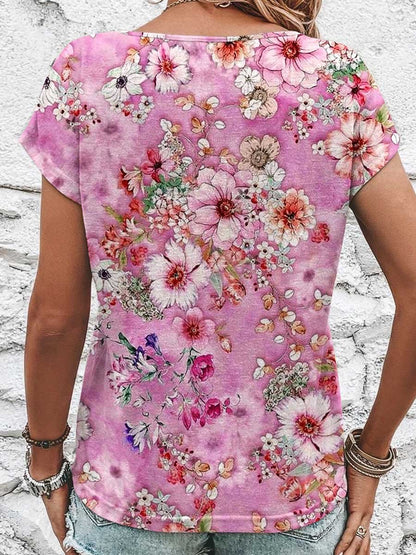 Women's Floral Pattern Print Decorative Button Round Neck Short Sleeve Cotton T-shirt Top