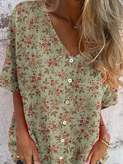 Women's Classic Elegant Floral Pattern Shirt Style Cotton and Linen Top