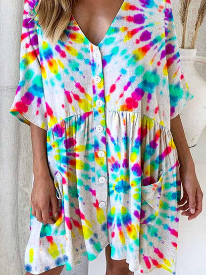 Women's Rainbow Tie-Dye Printed Cotton And Linen Dress