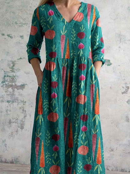 Women's Elegant Vegetable Carrot Pattern V-Neck Cotton and Linen Dress