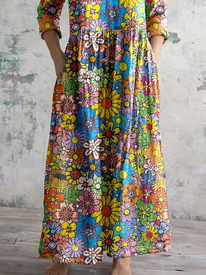 Women's Summer Floral Pattern Cotton And Linen Dress