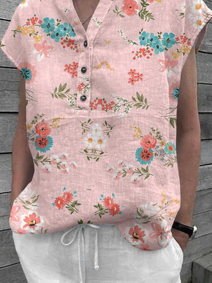 Women's Classic Elegant Floral Pattern Cotton and Linen Top