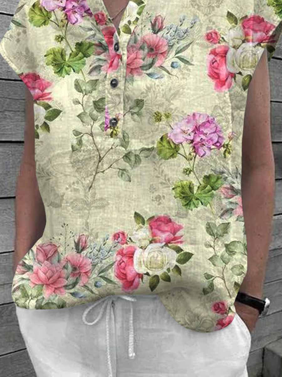 Women's Floral Art Casual Cotton Shirt Tops